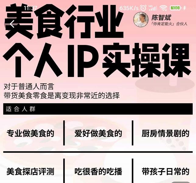 美食行业个人IP实操课,对于普通人而言,带货美食零食是离变现非常近的选择-致富资源库