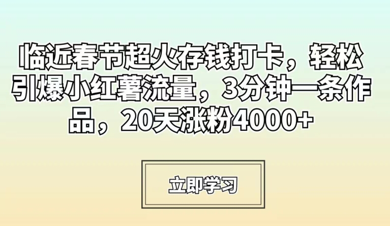 临近春节超火存钱打卡，轻松引爆小红薯流量，3分钟一条作品，20天涨粉4000+【揭秘】-致富资源库