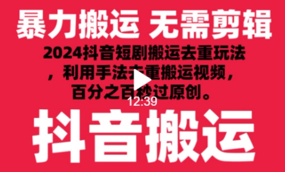 2024最新抖音搬运技术,抖音短剧视频去重,手法搬运,利用工具去重,达到秒过原创的效果【揭秘】-致富资源库