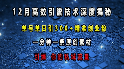 最新高效引流技术深度揭秘 ，单号单日引300+精准创业粉，一分钟一条原创素材，引爆你的私域流量-致富资源库
