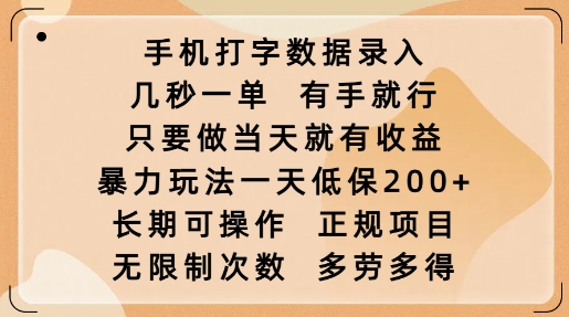 手机打字数据录入,几秒一单,有手就行,只要做当天就有收益,暴力玩法一天低保2张-致富资源库
