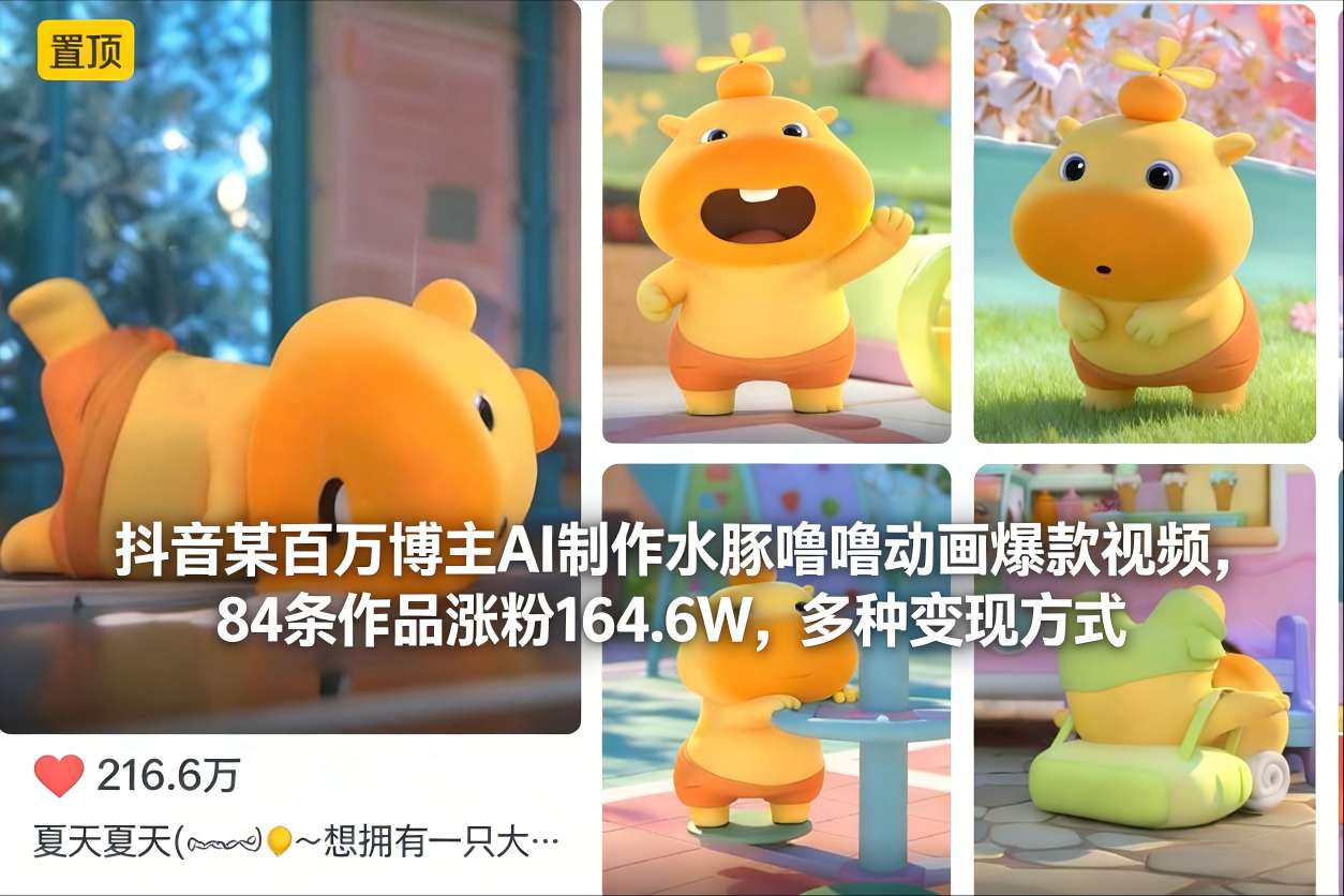 抖音某百万博主AI制作水豚噜噜动画爆款视频，84条作品涨粉164.6W，多种变现方式-致富资源库