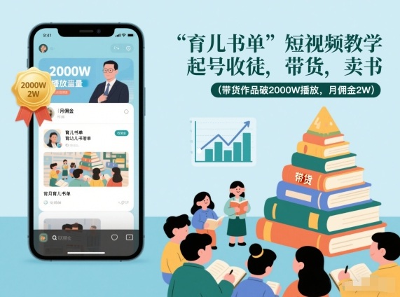 育儿书单短视频教学，起号收徒，带货，卖书（带货作品破2000W播放，月佣金2W）-致富资源库