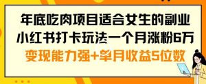 年底吃肉项目适合女生的副业小红书打卡玩法一个月涨粉6万+变现能力强+单月收益5位数【揭秘】-致富资源库