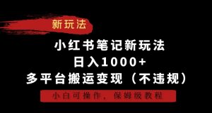 小红书笔记新玩法，日入1000+，多平台搬运变现（不违规），小白可操作，保姆级教程【揭秘】-致富资源库
